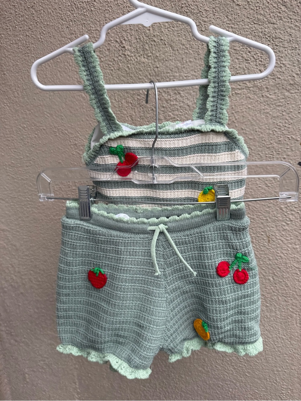 Zara kids Girls Light Sage Knit Fruit Appliqué Tank & Shorts Set